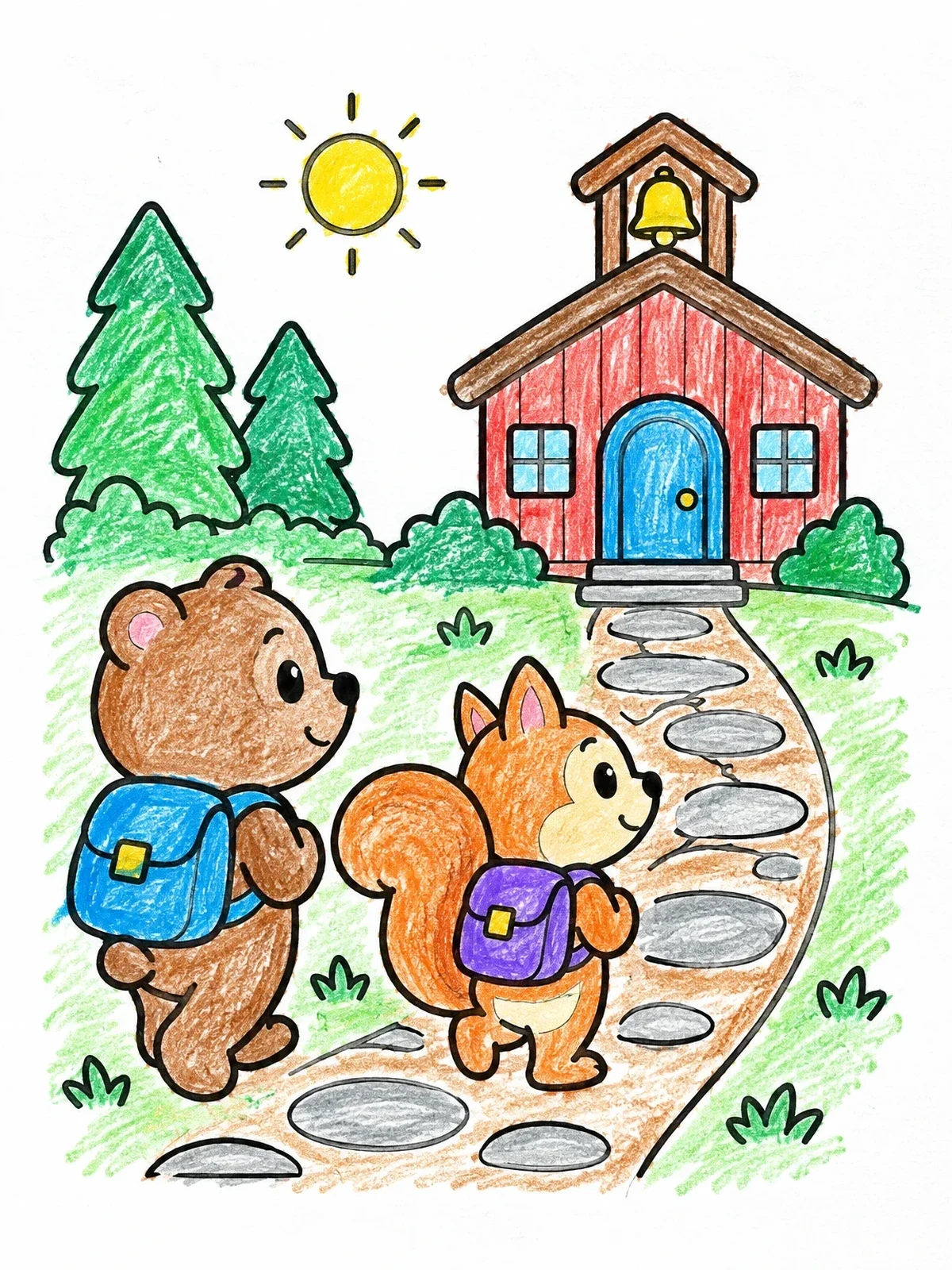 Colored example of the Woodland Friends Walking To Schoolhouse coloring page