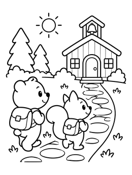 Free printable Woodland Friends Walking To Schoolhouse coloring page