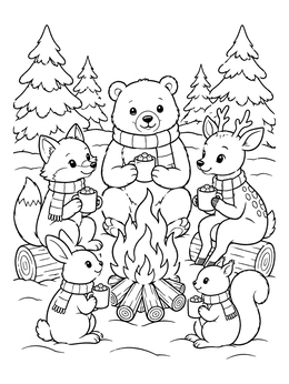 A cozy winter animals coloring page with a bear, fox, deer, bunny, and squirrel drinking cocoa by a campfire.