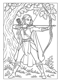 An elf coloring page featuring an archer aiming a bow under oak branches.