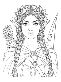 Detailed elf coloring page showing a female elf archer with braided hair and leafy crown.