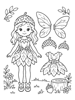 Free printable Woodland Fairy Paper Doll With Leaf Dress coloring page