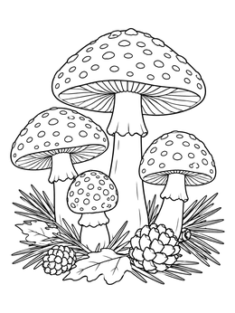 A detailed pine forest coloring page featuring speckled wild mushrooms, pinecones, and fallen needles.