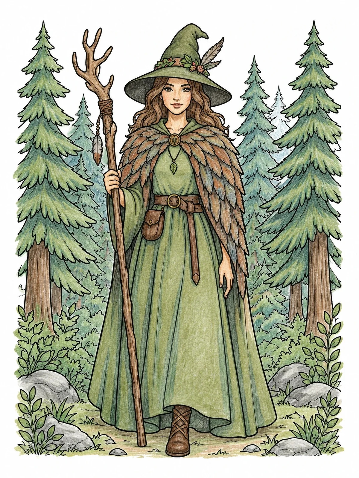 Colored example of the Woodland Witch With Antler Staff coloring page