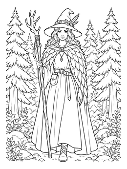 A woodland witch holding a staff in a pine forest on this witch coloring page.