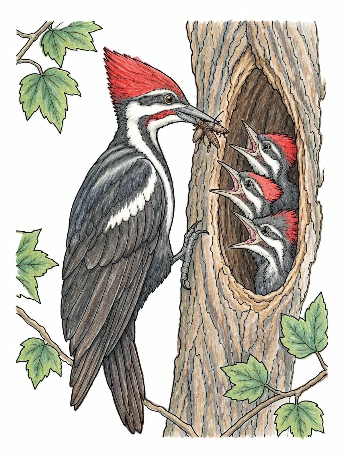 Colored example of the Pileated Woodpecker Feeding Nestlings coloring page