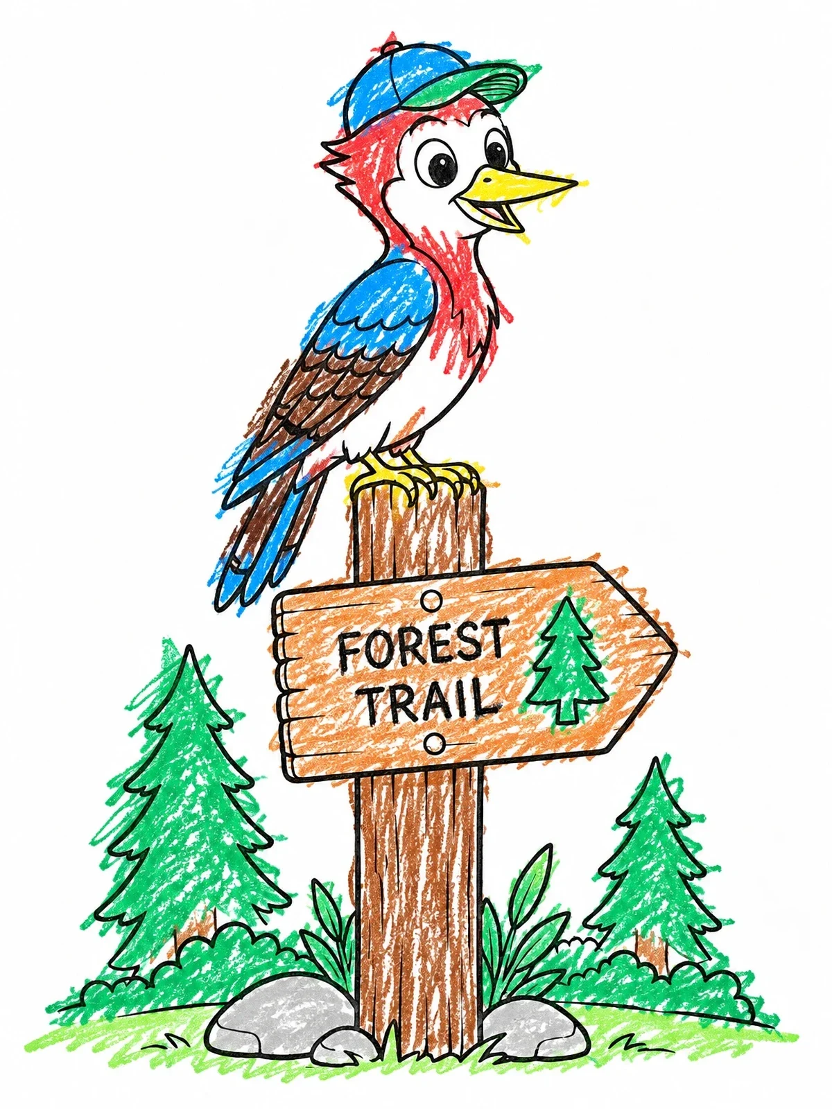 Colored example of the Woodpecker In Cap On Forest Sign coloring page