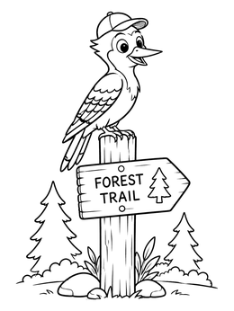 Free printable Woodpecker In Cap On Forest Sign coloring page