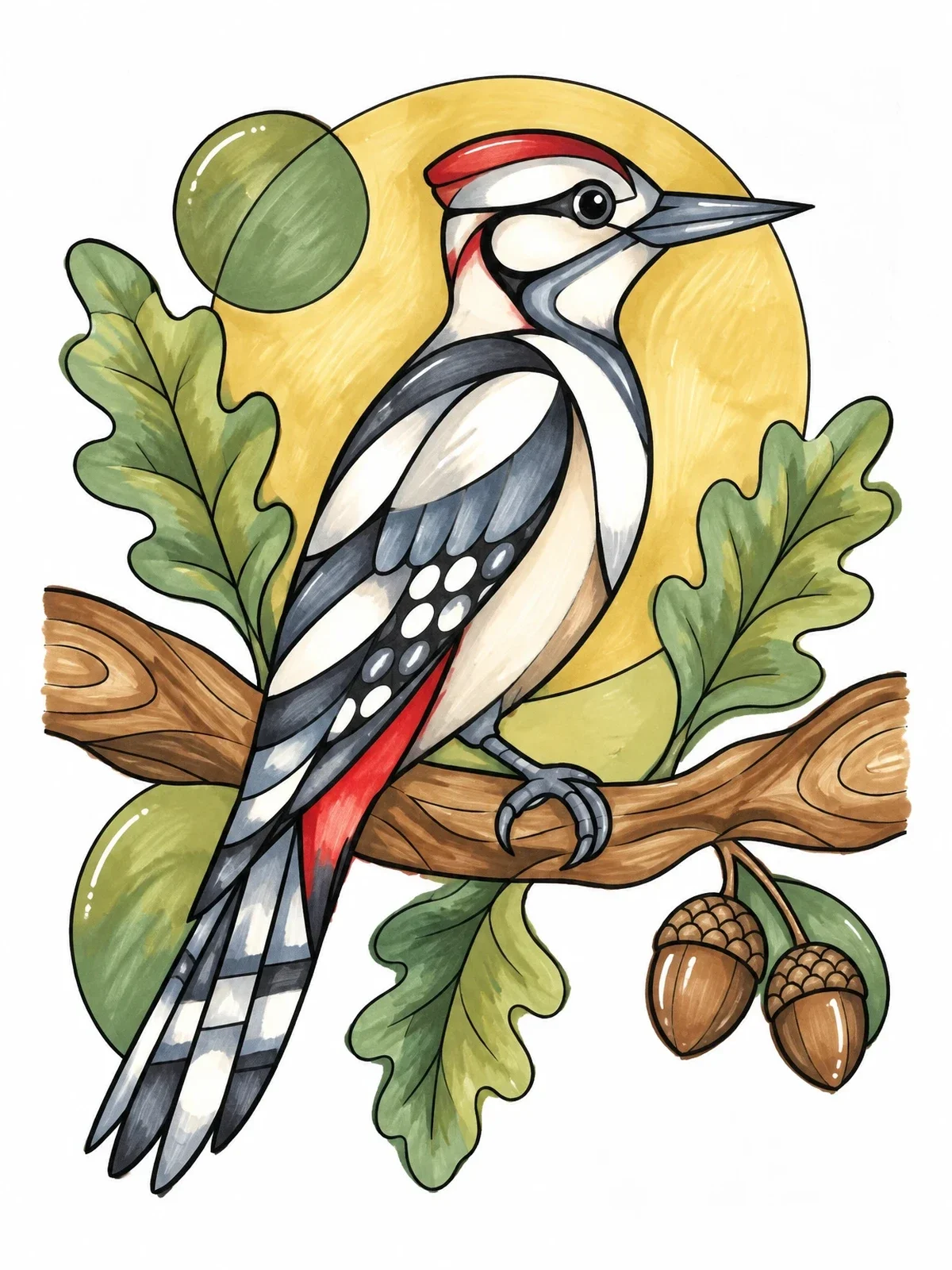 Colored example of the Woodpecker On Oak Branch With Acorns coloring page