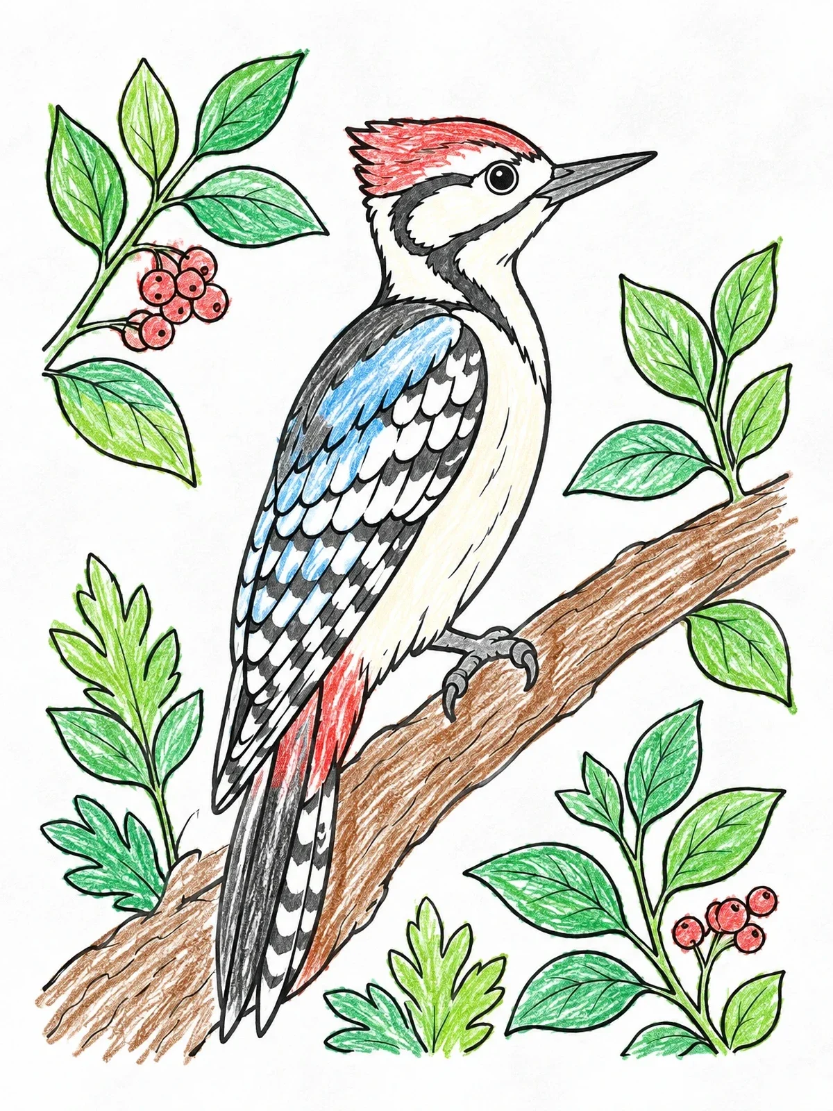 Colored example of the Woodpecker On A Leafy Branch coloring page