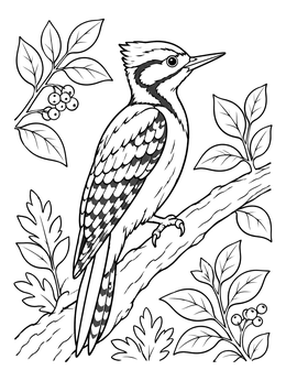 A detailed woodpecker coloring page showing the bird resting on a branch with leaves and berries.