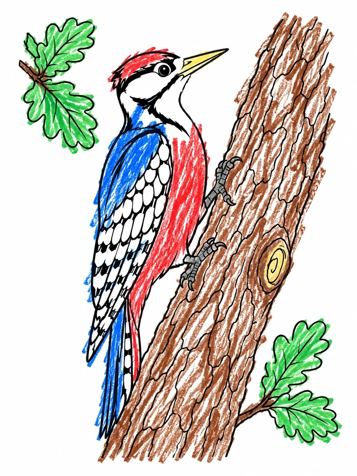 Colored example of the Woodpecker On An Oak Tree Trunk coloring page