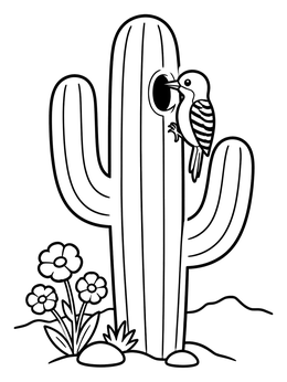 Free printable Woodpecker On A Saguaro Cactus coloring page