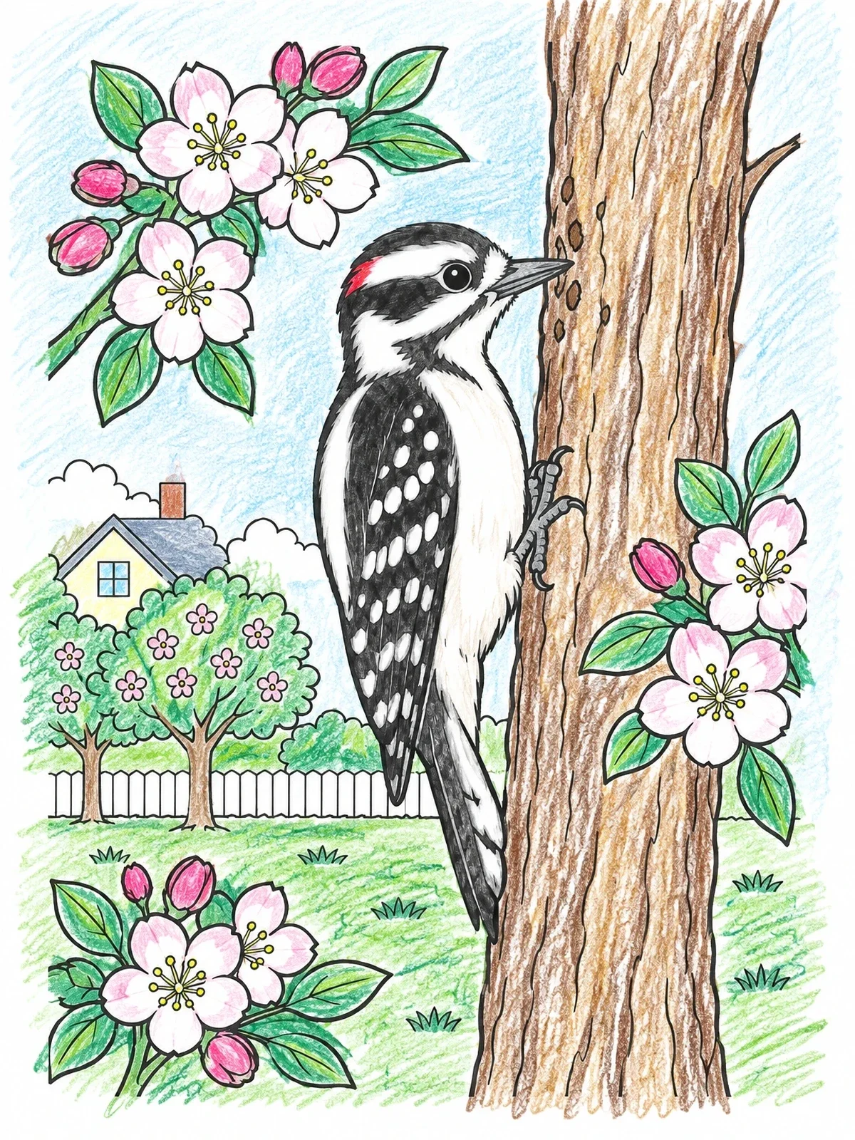 Colored example of the Woodpecker On A Spring Orchard Tree coloring page