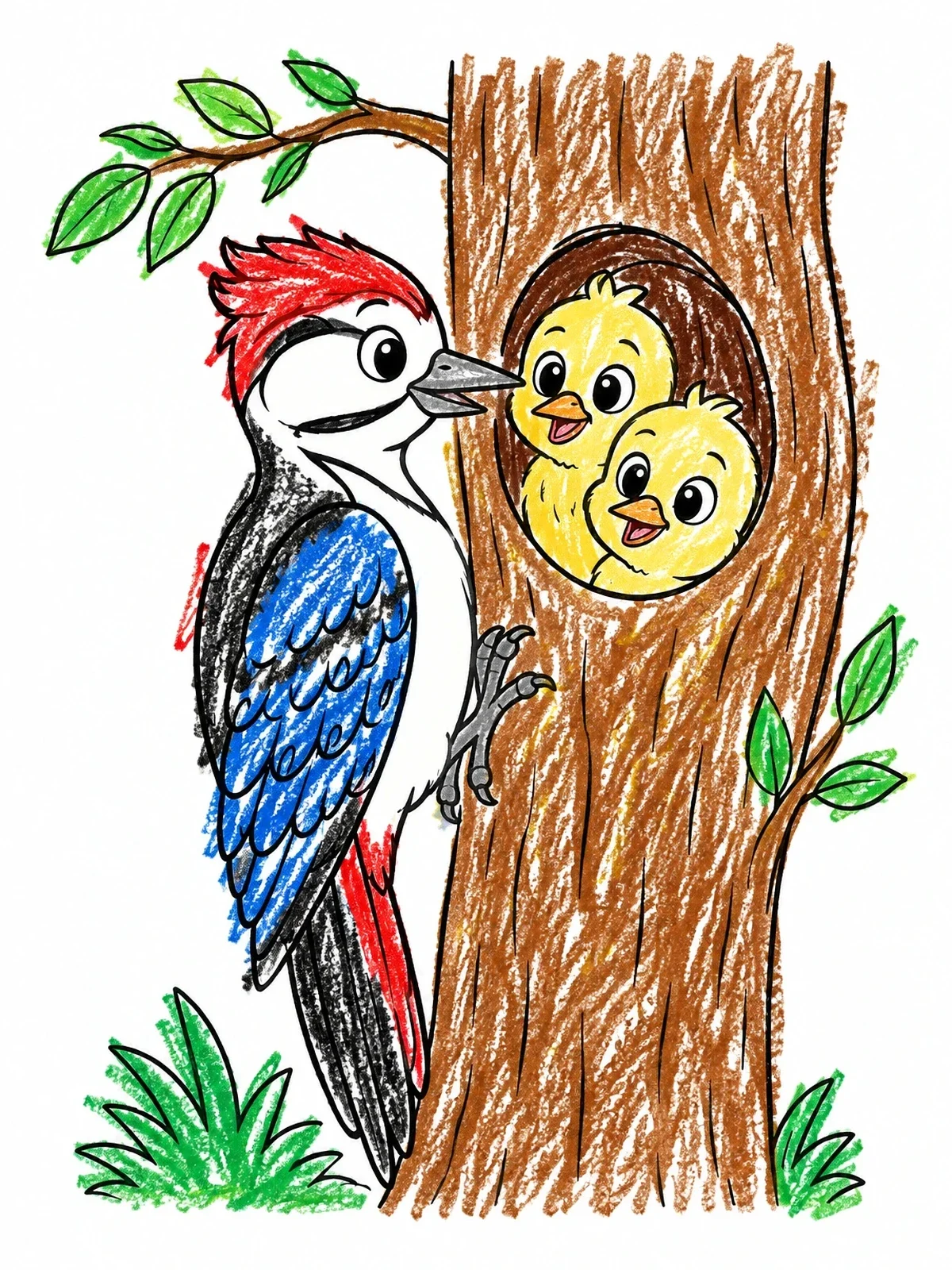 Colored example of the Woodpecker Feeding Chicks In Nest coloring page