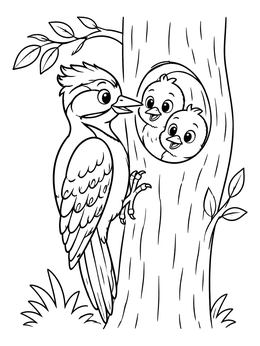 Free printable Woodpecker Feeding Chicks In Nest coloring page