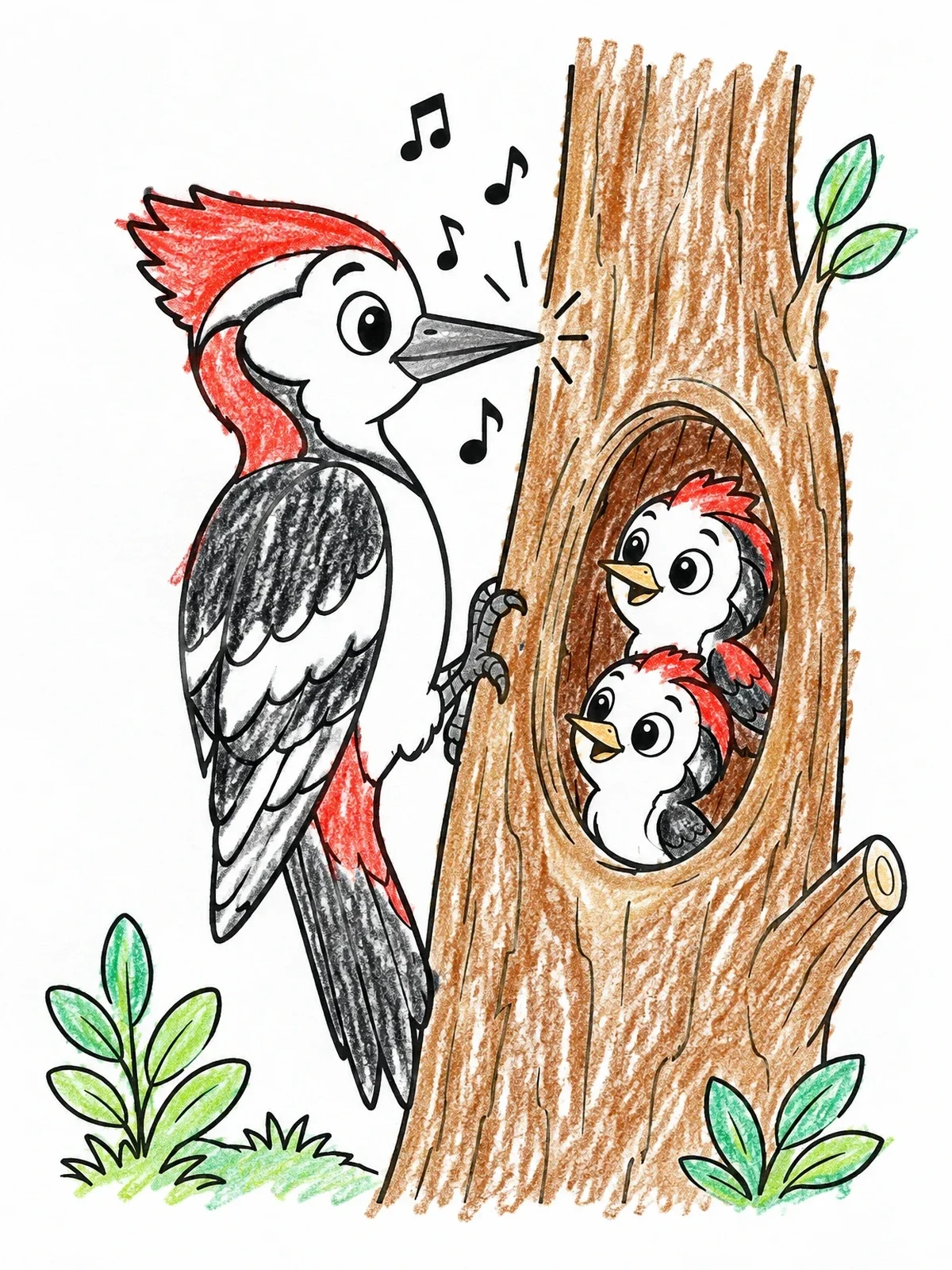 Colored example of the Woodpecker Singing To Chicks In Tree coloring page