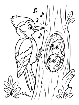 Free printable Woodpecker Singing To Chicks In Tree coloring page