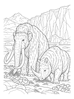 A detailed woolly mammoth coloring page featuring a prehistoric mammoth and rhinoceros near cliffs.