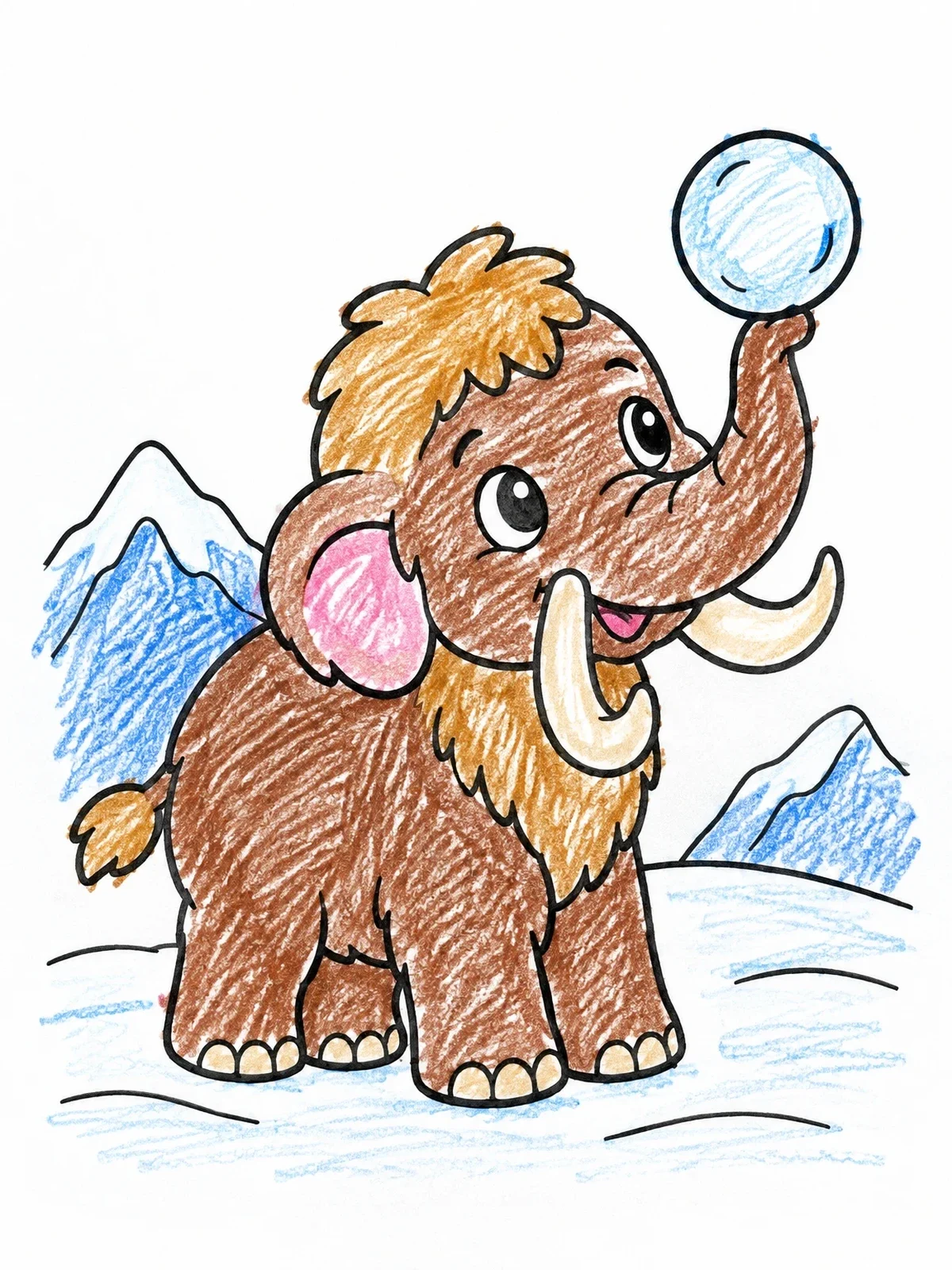 Colored example of the Playful Baby Mammoth With Snowball coloring page