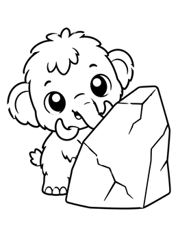 A woolly mammoth coloring page with a cute baby calf peeking out from behind a cracked stone.