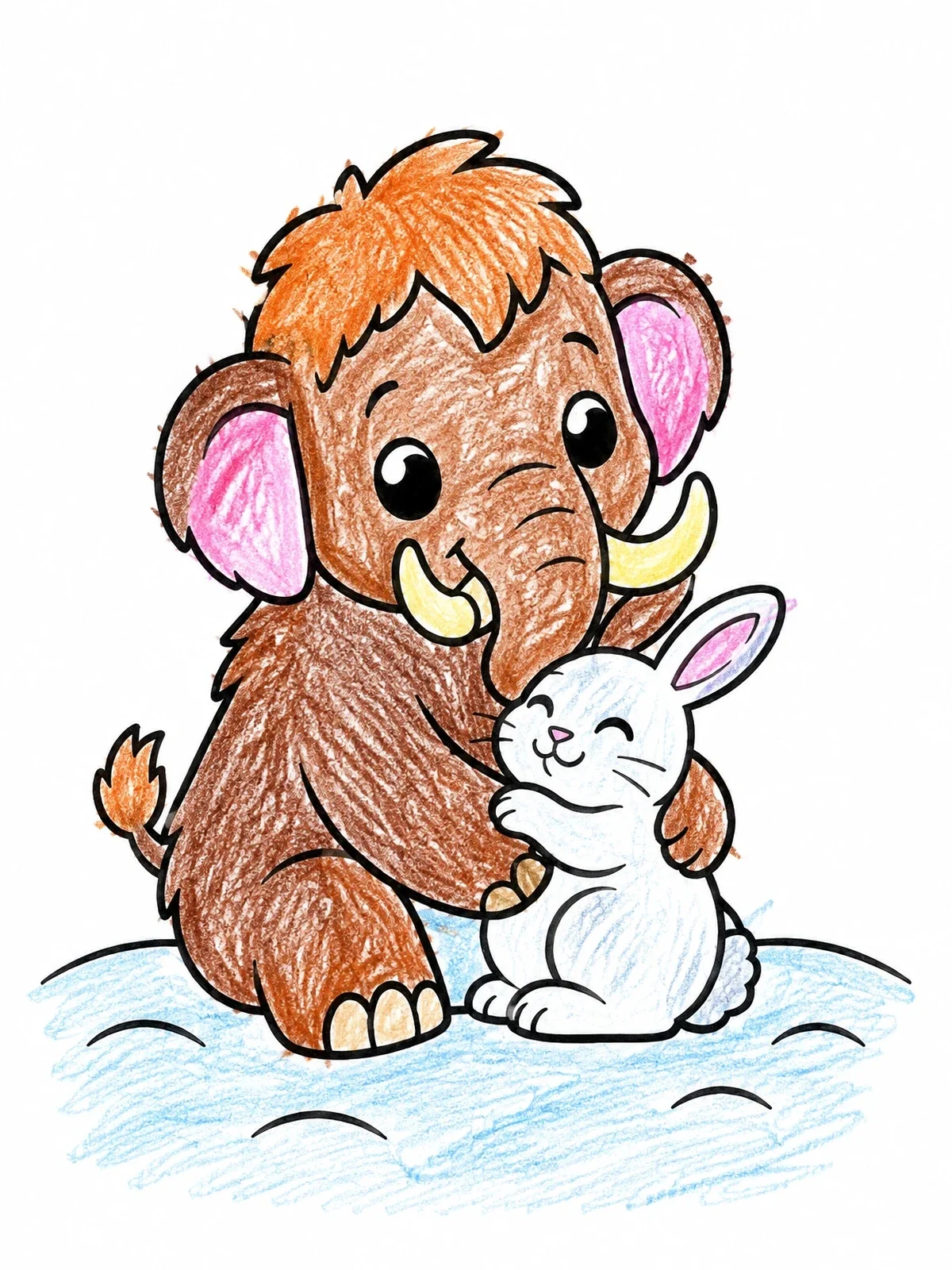 Colored example of the Baby Mammoth Cuddling Arctic Bunny coloring page