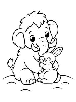 A baby woolly mammoth coloring page showing a friendly mammoth hugging a cute little arctic hare.