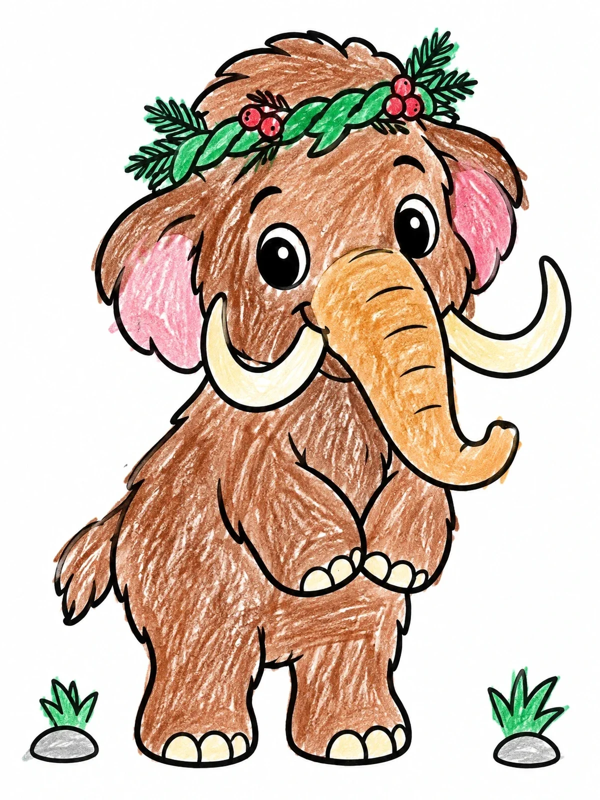 Colored example of the Cute Baby Mammoth With Winter Wreath coloring page
