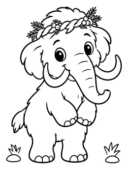 A cute baby woolly mammoth coloring page wearing a pine wreath on its head.