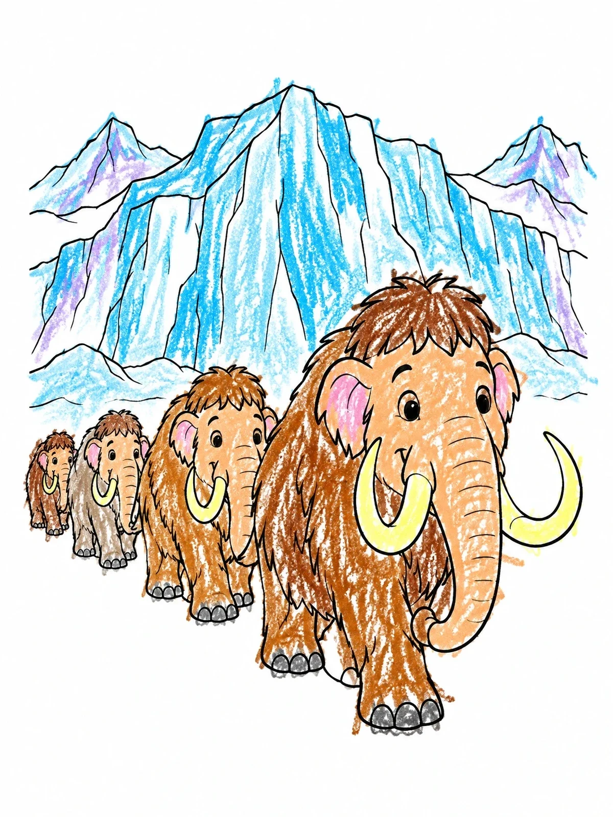 Colored example of the Cute Mammoth Herd Mountain Trek coloring page