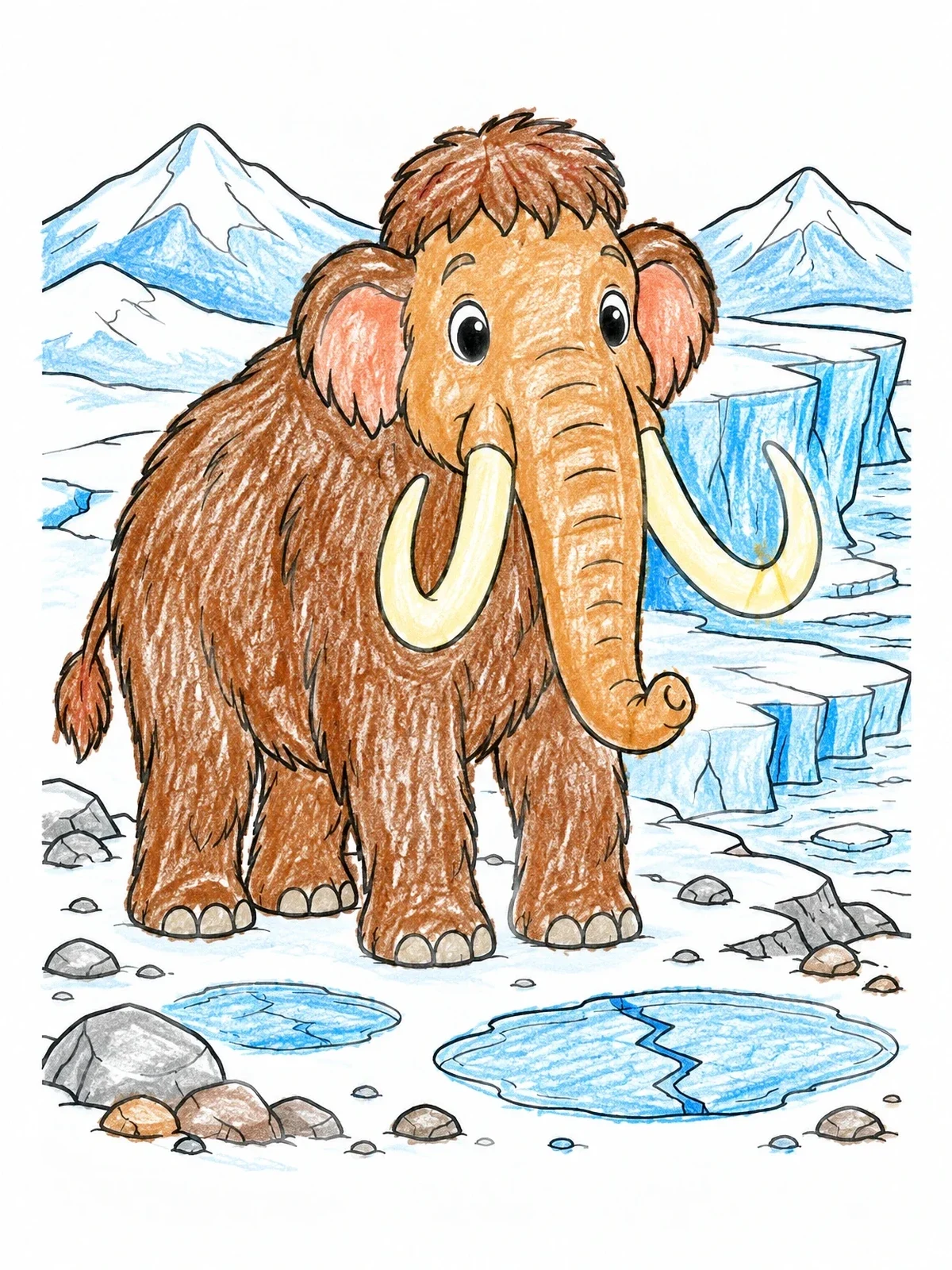 Colored example of the Cute Mammoth In Ice Age Landscape coloring page