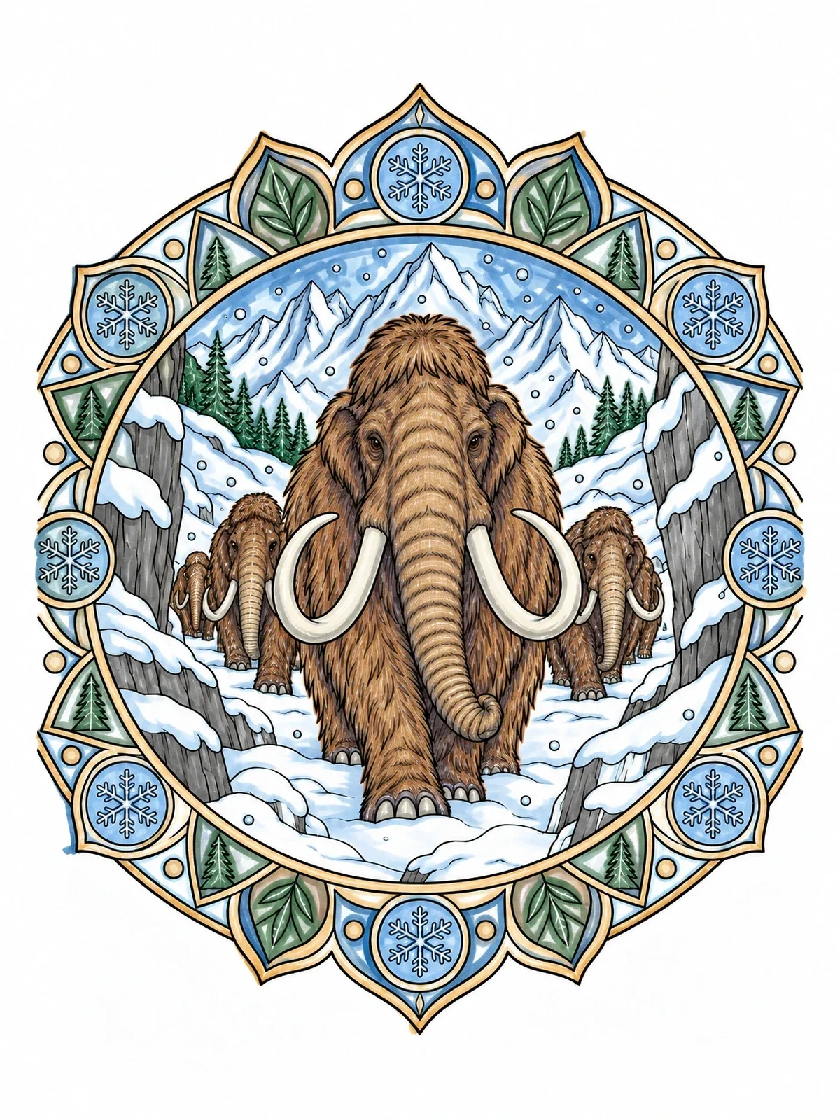 Colored example of the Woolly Mammoth Herd In Mandala Frame coloring page