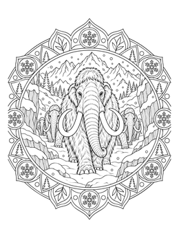 A woolly mammoth coloring page featuring a herd in a snowy mountain mandala.