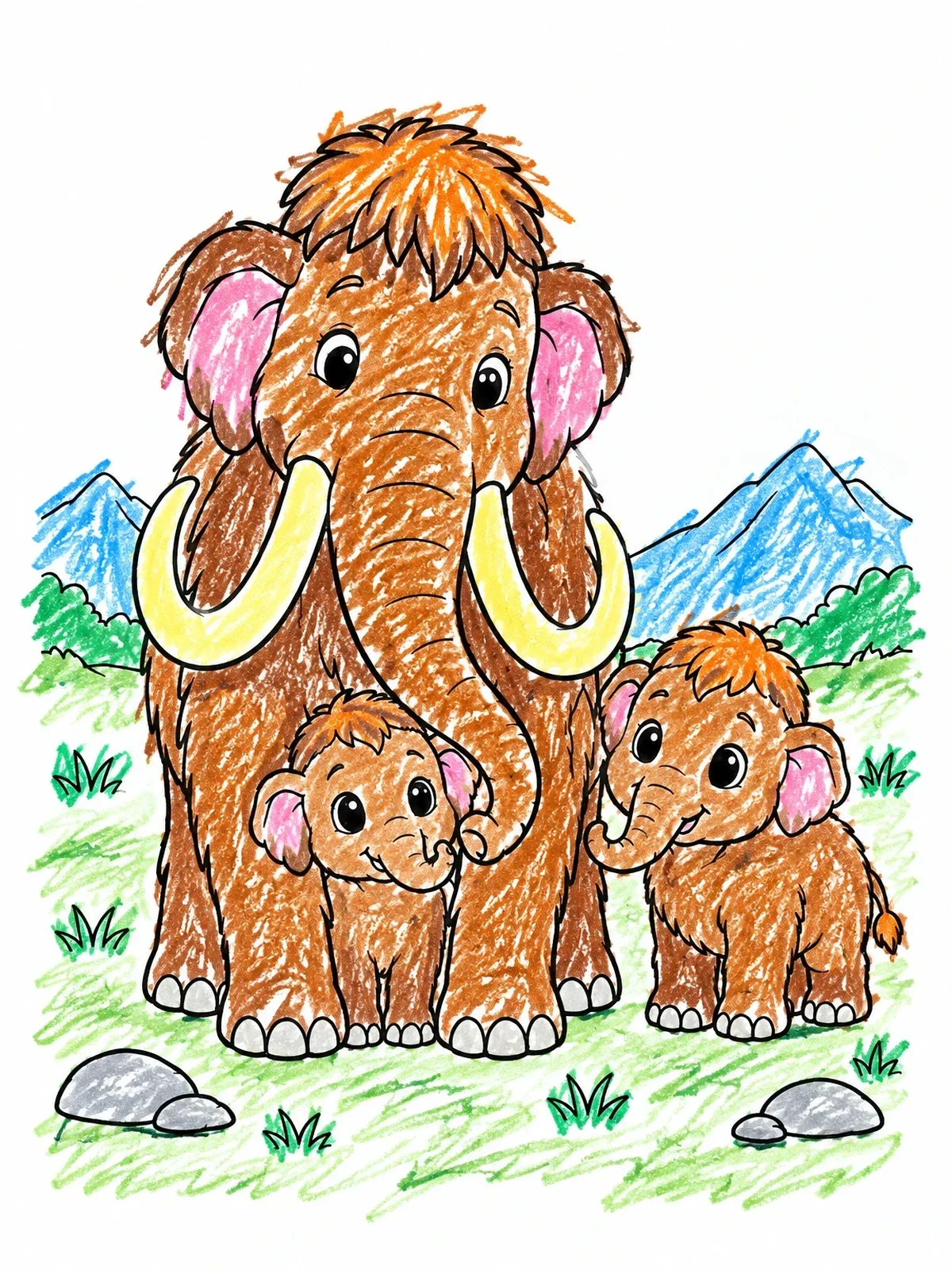 Colored example of the Mother Mammoth With Cute Calves coloring page