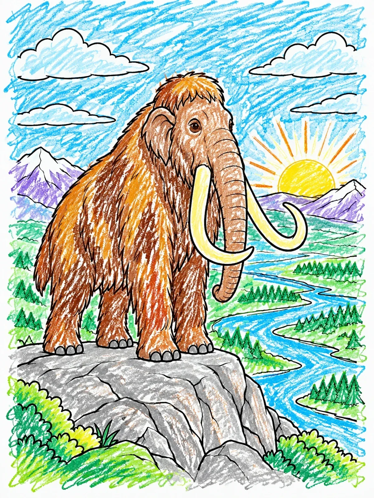 Colored example of the Woolly Mammoth Overlooking Sunlit Valley coloring page