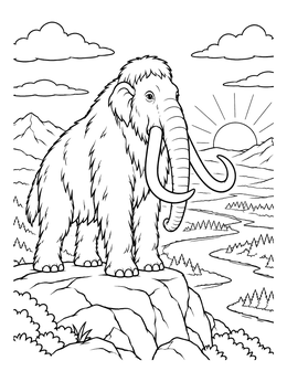 A majestic woolly mammoth coloring page overlooking a winding river valley and sunrise.