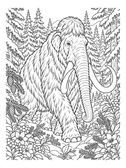A detailed woolly mammoth coloring page walking through a snow-covered pine forest.