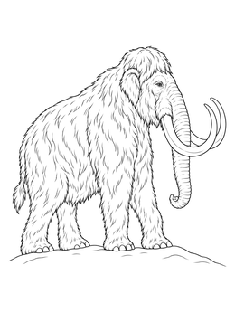 A detailed woolly mammoth coloring page showing the prehistoric beast standing proud on a hill.