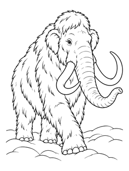 A detailed woolly mammoth coloring page walking forward across snowy ground.