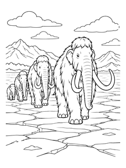 A herd of woolly mammoths walks across cracked ice in this ice coloring page.