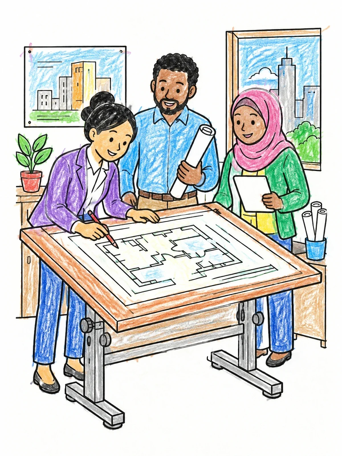 Colored example of the Architects Planning Around Drafting Table coloring page