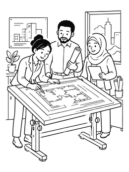 Free printable Architects Planning Around Drafting Table coloring page
