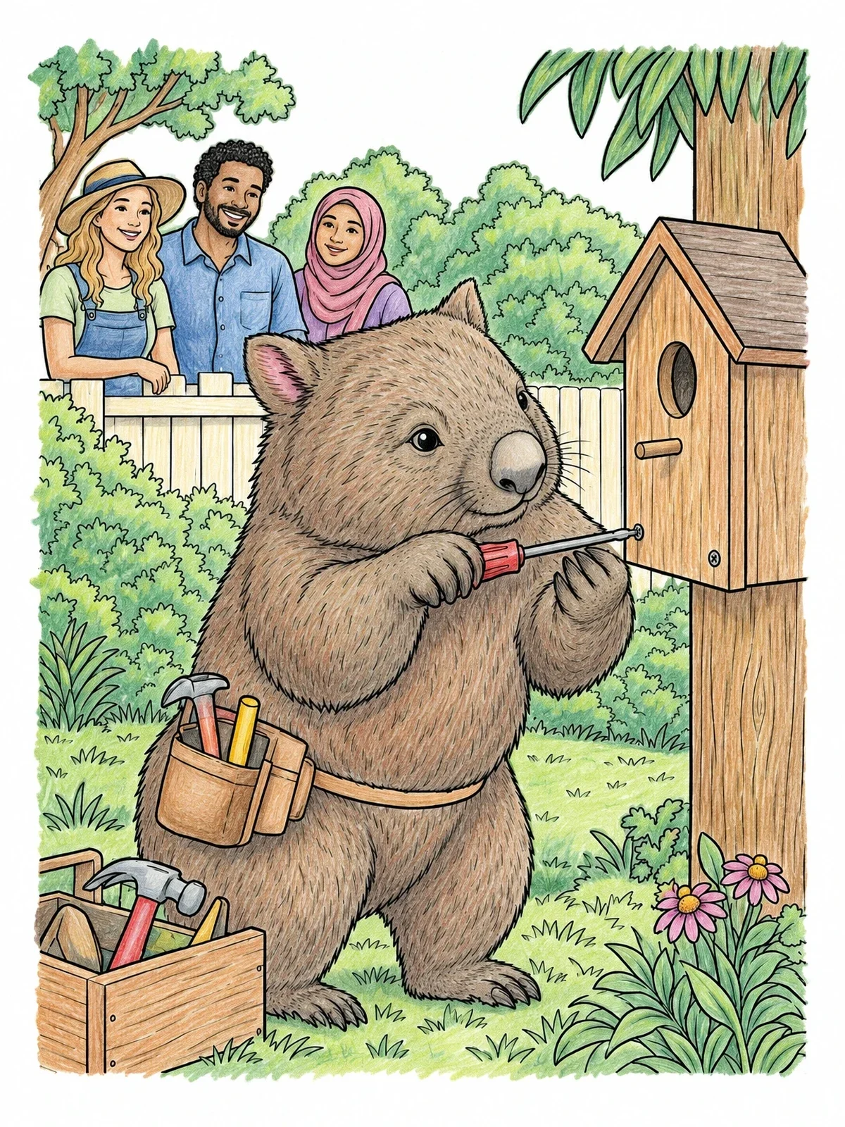 Colored example of the Carpenter Wombat Building A Birdhouse coloring page