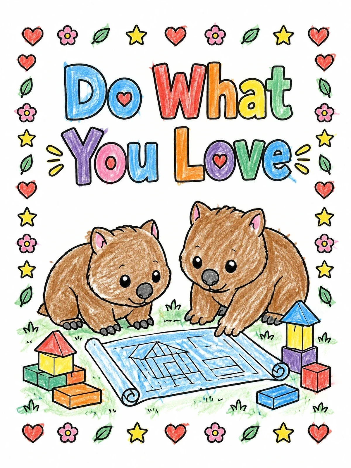 Colored example of the Cute Wombat Builders With Blueprint coloring page