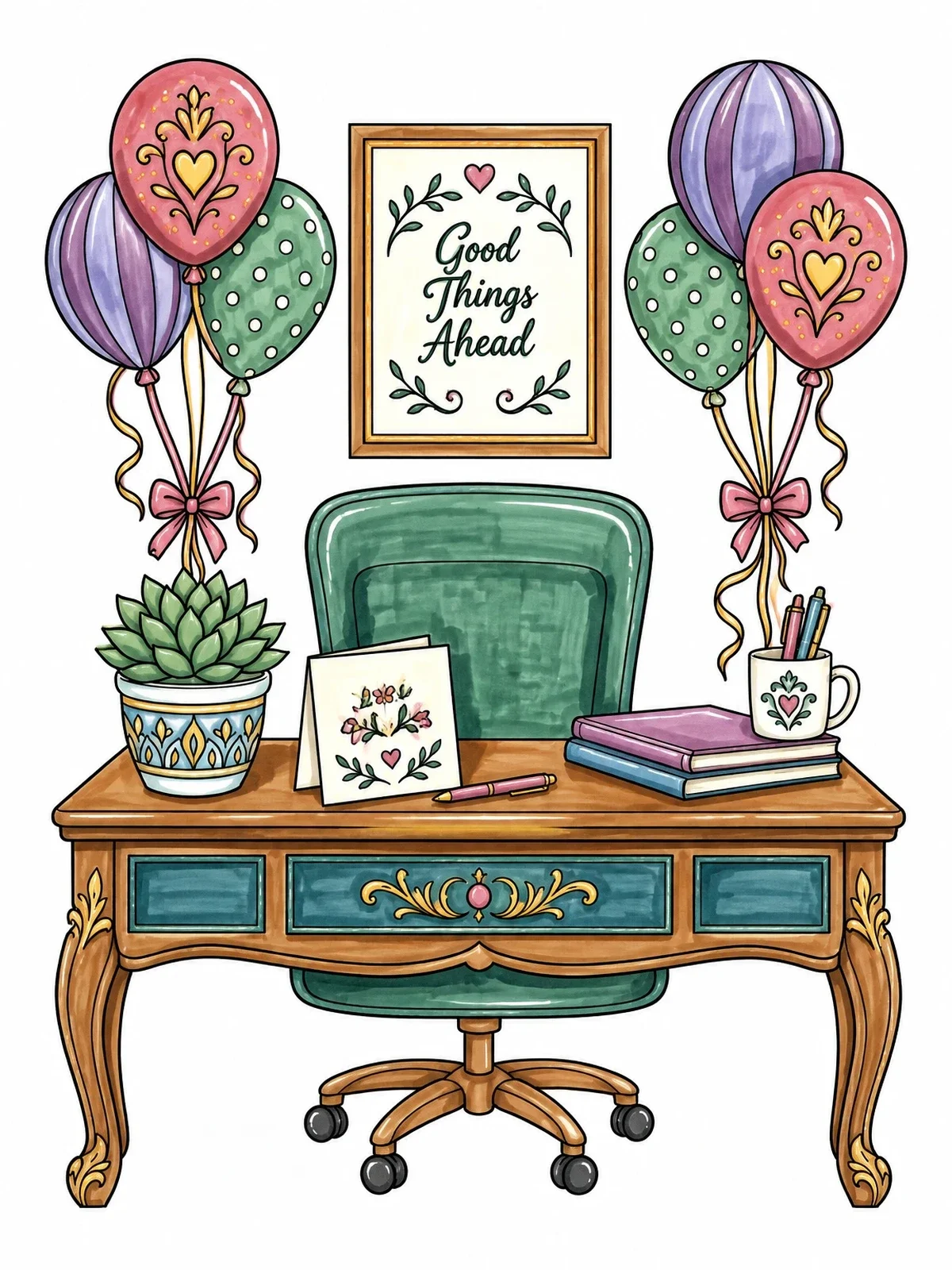 Colored example of the Decorated Office Desk With Balloons And Card coloring page