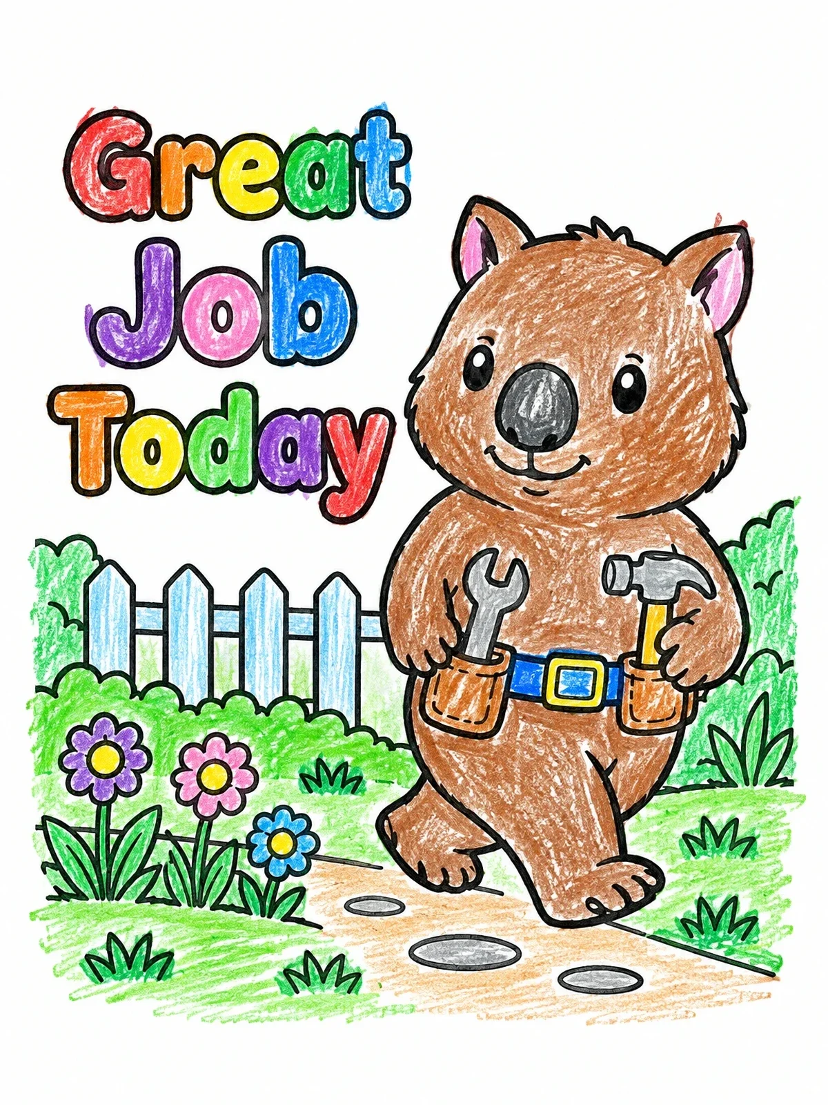 Colored example of the Handy Wombat In The Garden coloring page