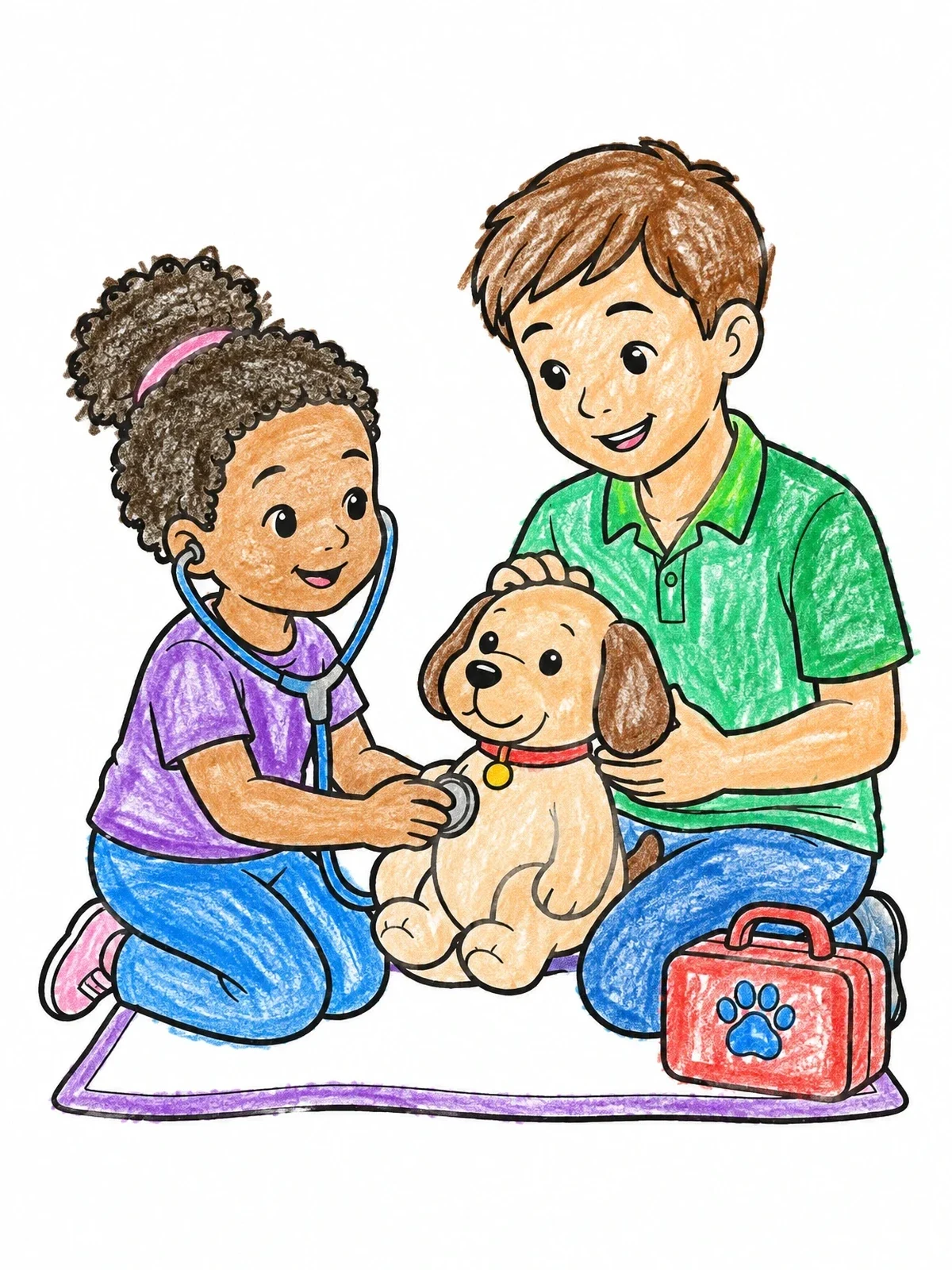 Colored example of the Children Playing Veterinarian With Toy Dog coloring page