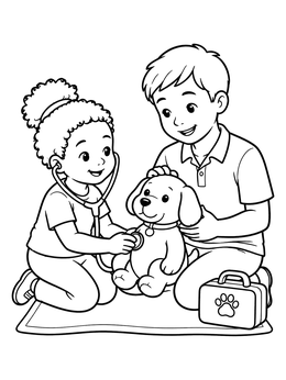 Free printable Children Playing Veterinarian With Toy Dog coloring page