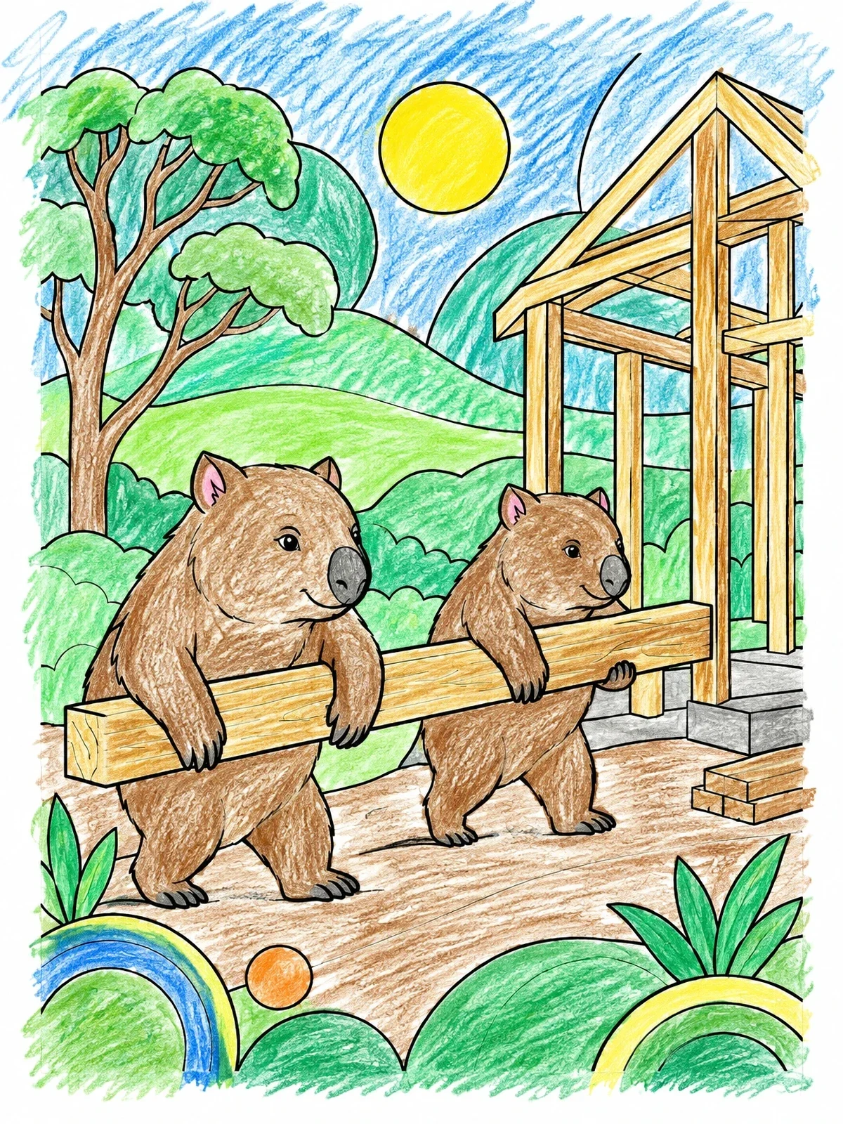 Colored example of the Wombats Building A Wooden House coloring page