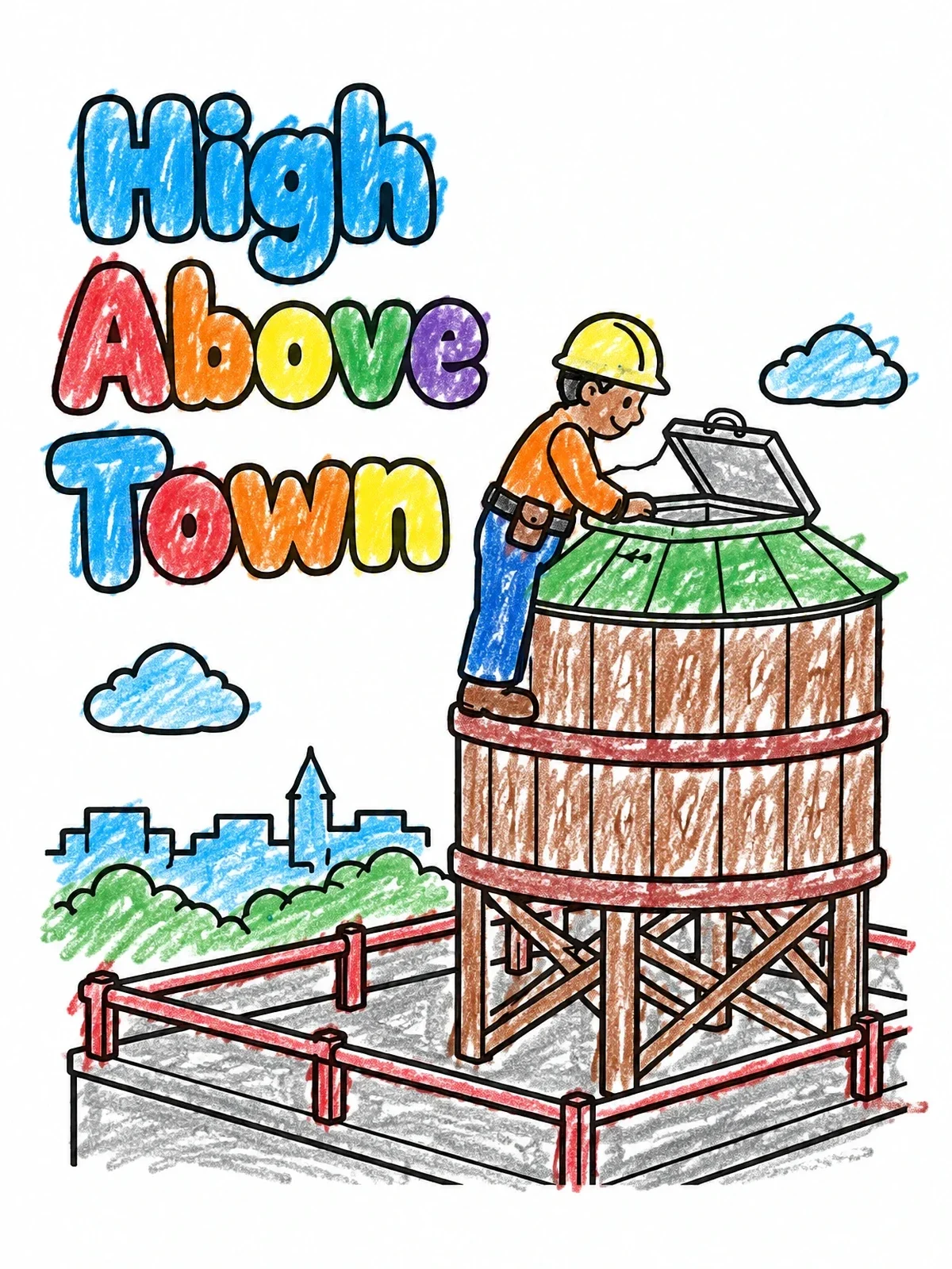 Colored example of the Worker Checking Rooftop Water Tower coloring page